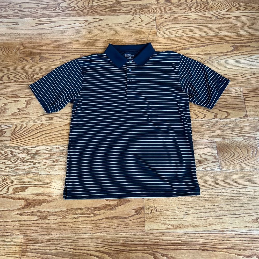 PGA Tour Polo Golf Shirt Size L Black W Beige stripes Great Condition